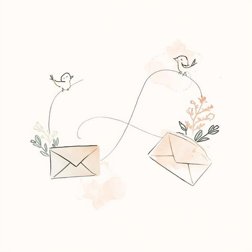 Line-art illustration of two birds carrying a letter between envelopes